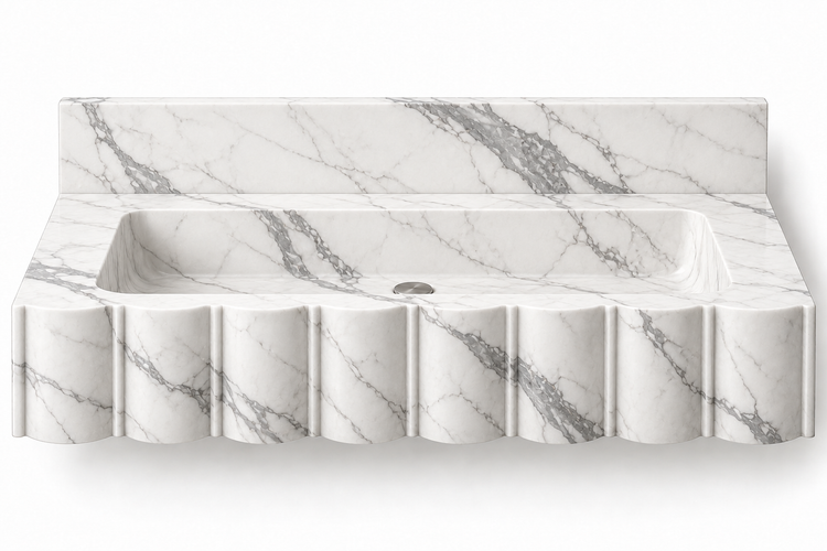 Scallop Statuario broad-fluted floating sink, front view design rendering