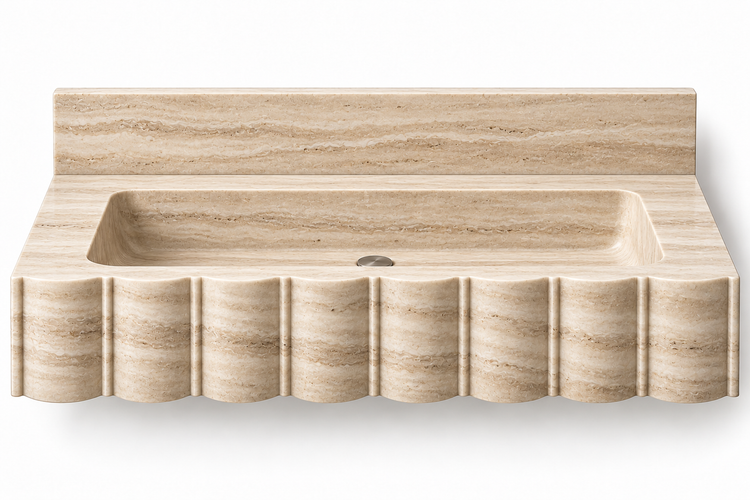 Scallop Travertine broad-fluted floating sink, front view design rendering