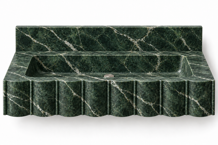Scallop Verde Alpi broad-fluted floating sink, front view design rendering