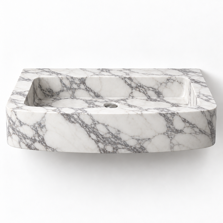 Vela Arabescato bowed front floating sink, front view design rendering