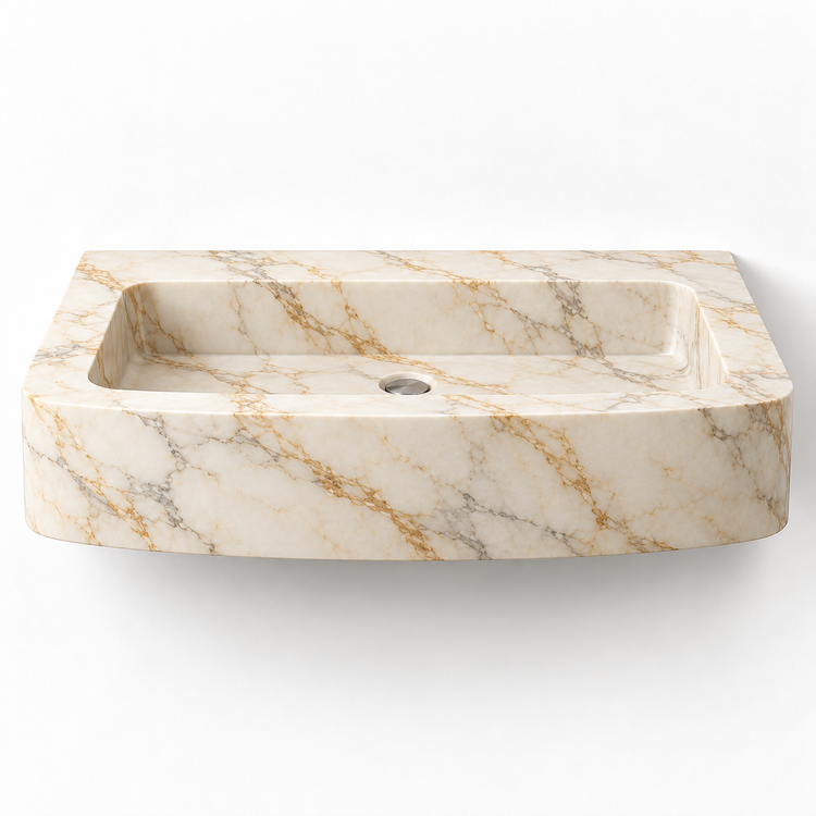 Vela Calacatta Gold bowed front floating sink, front view design rendering