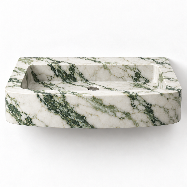 Vela Calacatta Green bowed front floating sink, front view design rendering