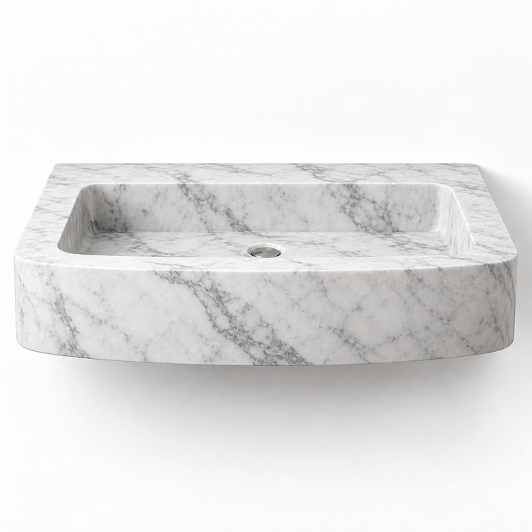 Vela Carrara bowed front floating sink, front view design rendering