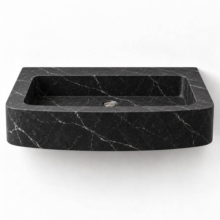 Vela Nero Marquina bowed front floating sink, front view design rendering