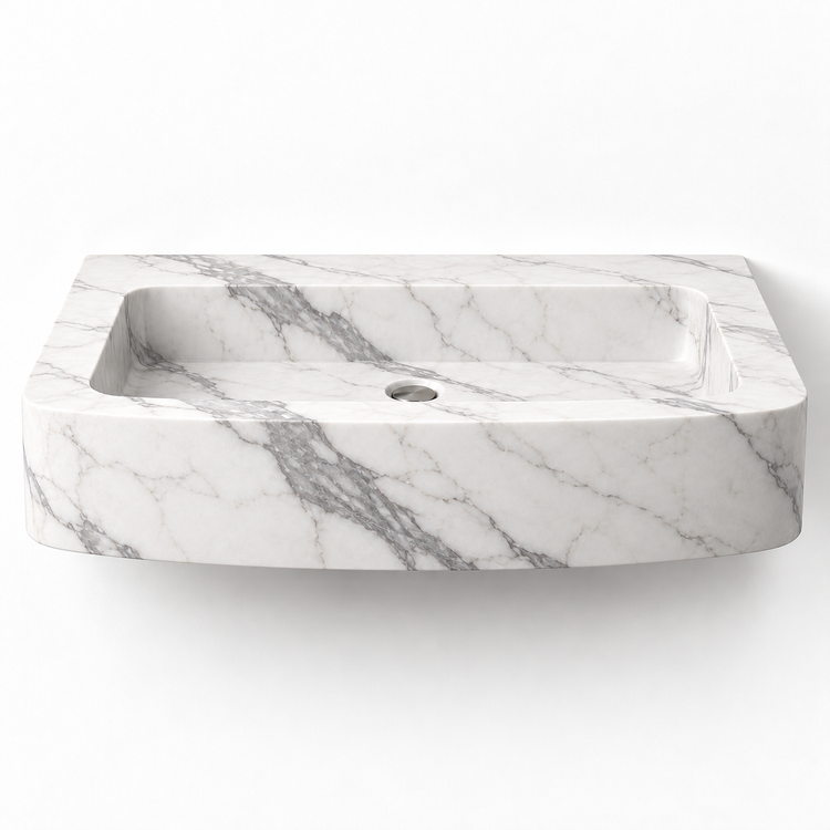 Vela Statuario bowed front floating sink, front view design rendering