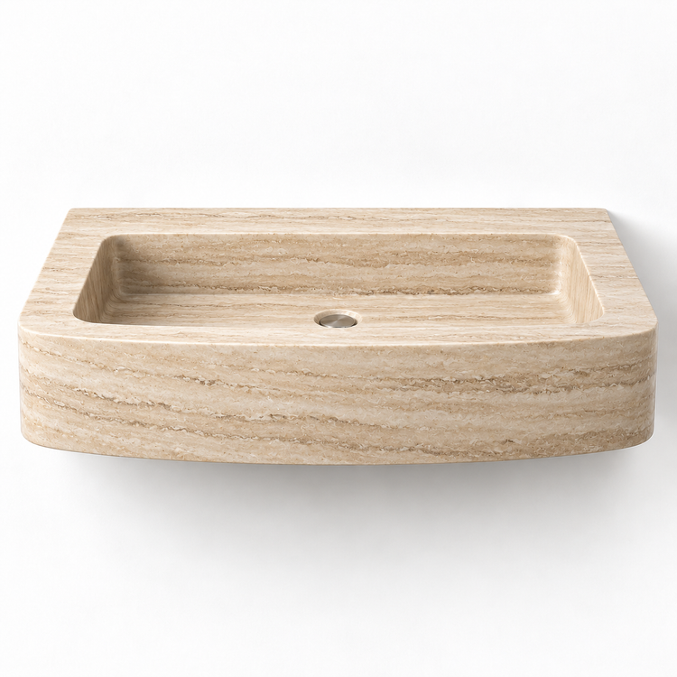 Vela Travertine bowed front floating sink, front view design rendering